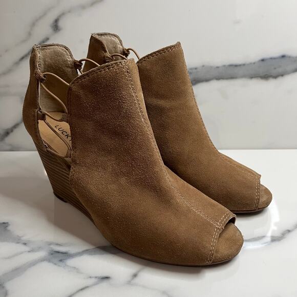 Lucky Brand | Women's Brown Leather Peeptoe Reevas Wedge Booties Sz 8.5 - Picture 1 of 8